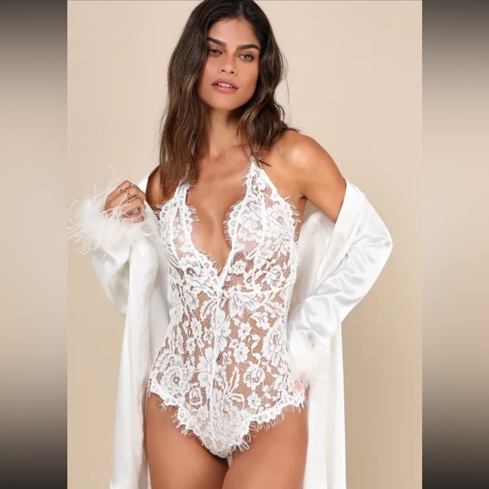 Unforgettable Romance White Sheer
Lace Halter Bodysuit